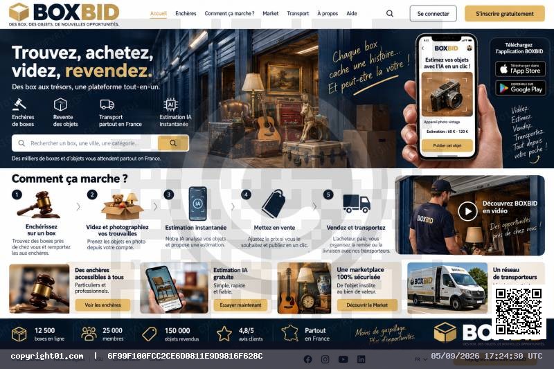 plateforme numérique, accessible par site internet et application mobile, destinée à organiser la mise aux enchères de contenus de boxes, garde-meubles et locaux pouvant légalement être proposés à la vente.