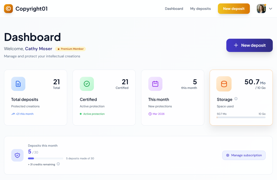 Copyright01 Dashboard - Manage your copyright deposits