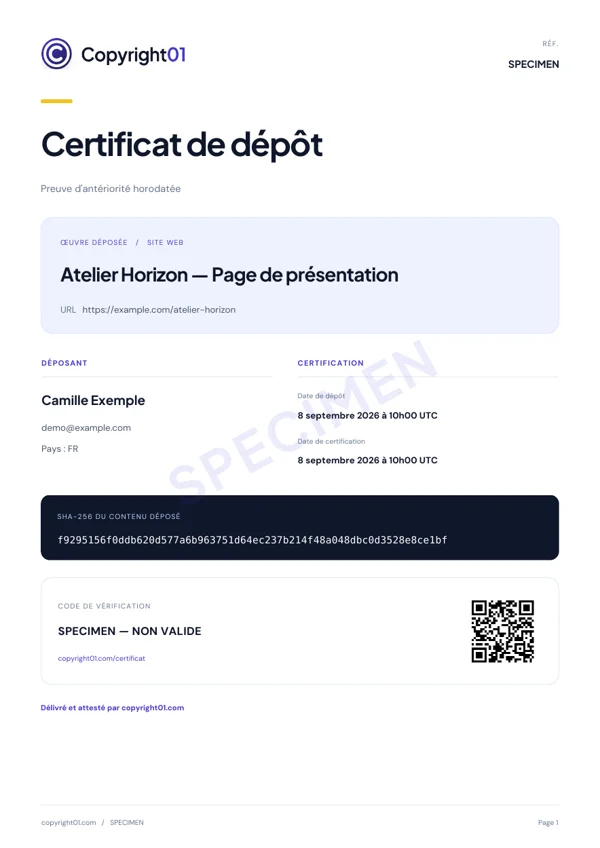 Spécimen de certificat Sites web