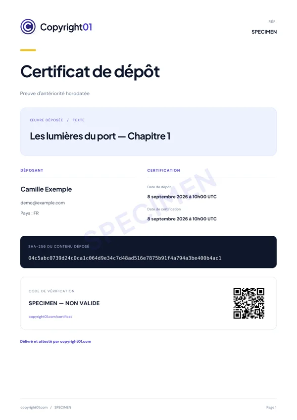 Spécimen de certificat Textes