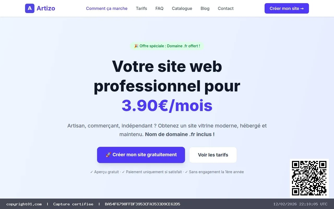 Capture certifiée de la page d'accueil Artizo.fr le 12 février 2026, offre à 3,90 €/mois