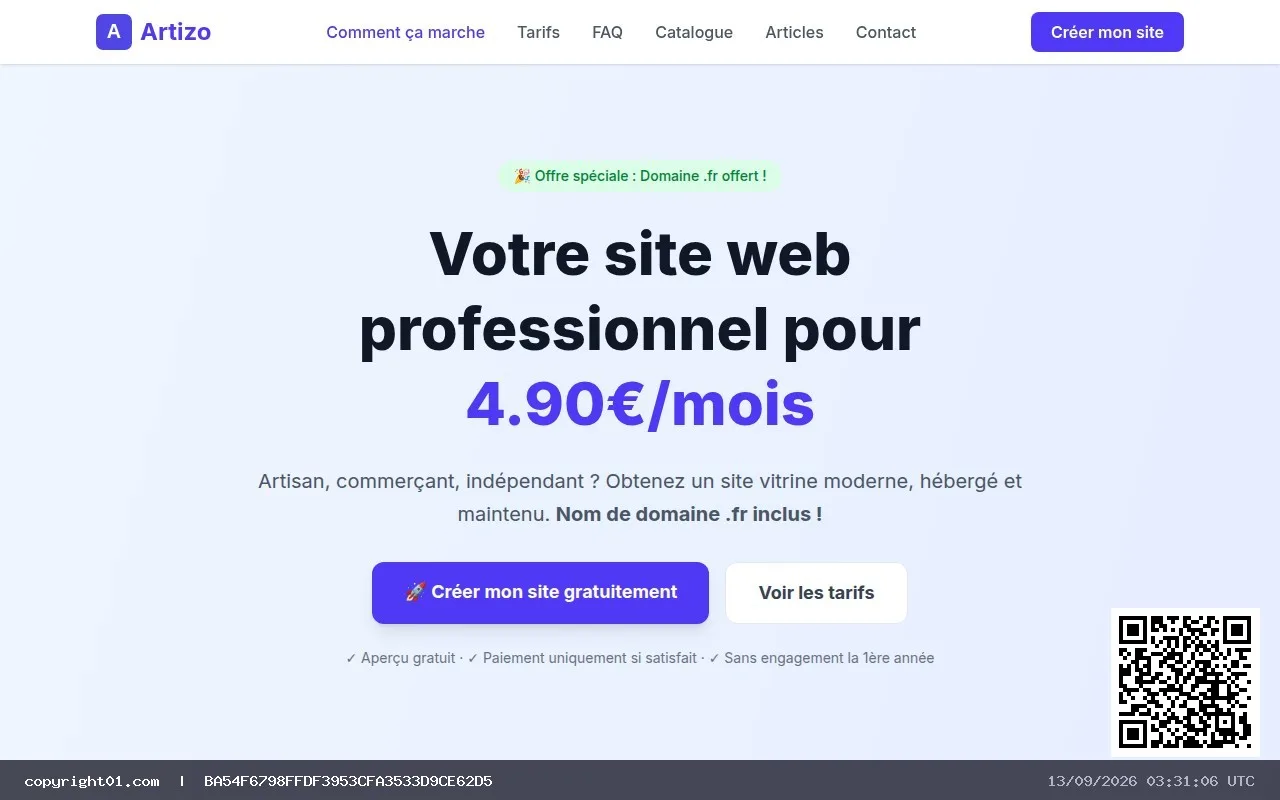 Capture certifiée de la page d'accueil Artizo.fr le 13 septembre 2026, offre à 4,90 €/mois
