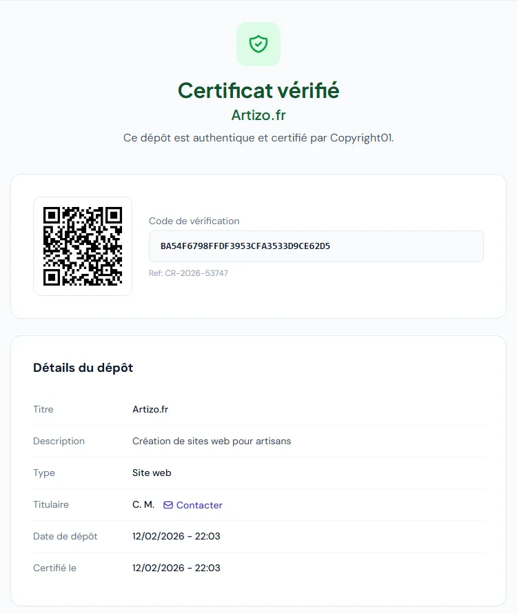 Certificat Copyright01 vérifié du site Artizo.fr, code de vérification BA54F6798FFDF3953CFA3533D9CE62D5, déposé le 12/02/2026