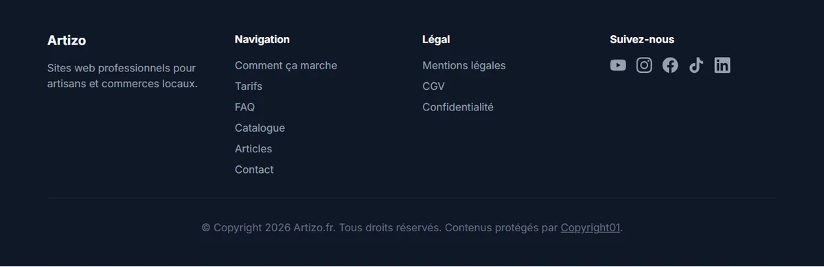 Pied de page du site Artizo.fr avec la mention Contenus protégés par Copyright01 et le lien vers le certificat