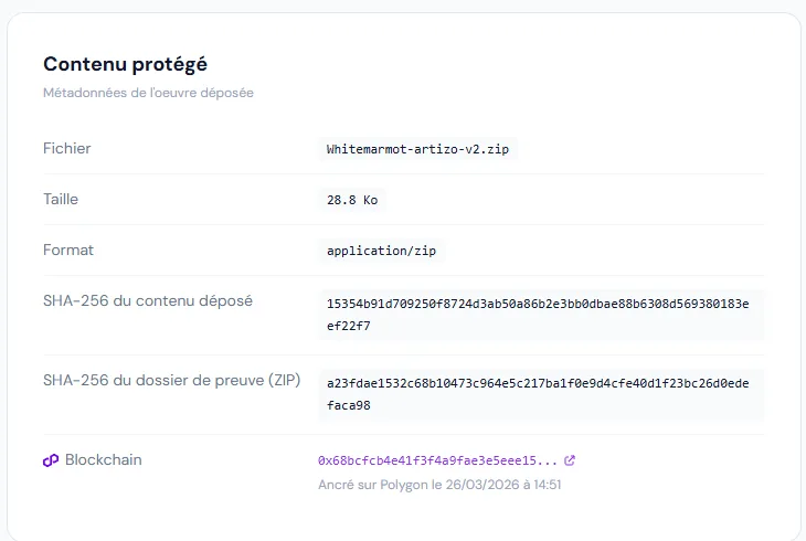 Détail du certificat Copyright01 du code source Artizo V2 : empreintes SHA-256 et ancrage sur la blockchain Polygon le 26/03/2026