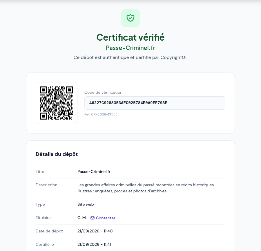 Certificat public de « Passé Criminel » sur Copyright01, référence CR-2026-13555, avec QR code et code de vérification.