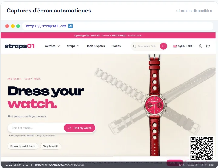 Captures d'écran certifiées de la page d'accueil de Straps01 sur le certificat Copyright01
