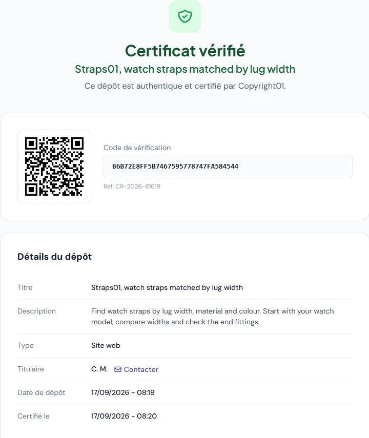 Certificat Copyright01 vérifié du site Straps01, code de vérification B6B72E8FF5B7467595778747FA584544