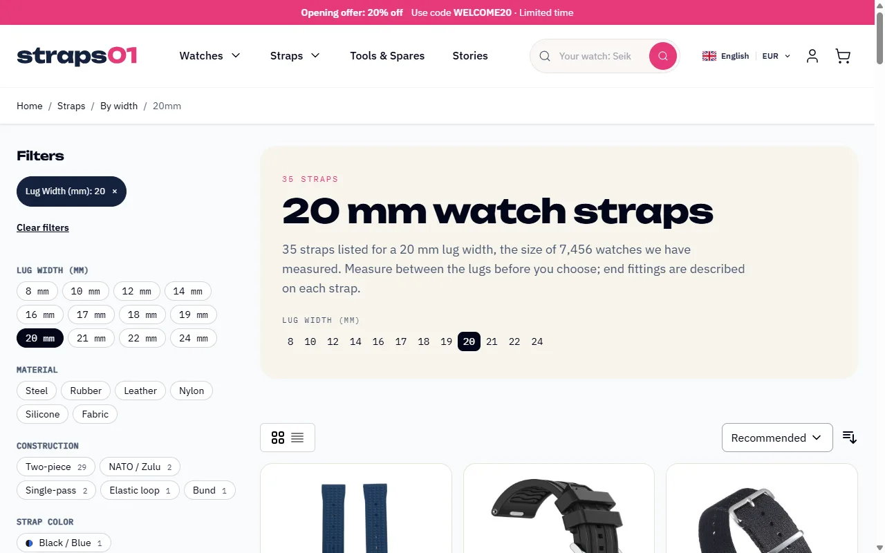 Straps01-Seite für Uhrenarmbänder mit 20 mm, 7.456 vermessene Uhren für diese Breite