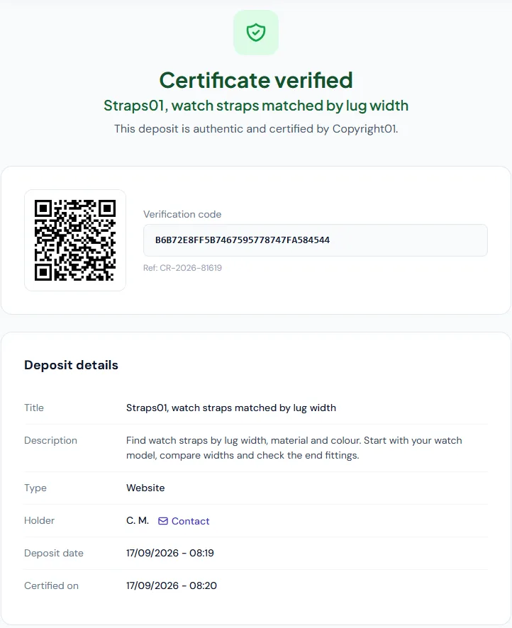 Verified Copyright01 certificate for the Straps01 website, verification code B6B72E8FF5B7467595778747FA584544